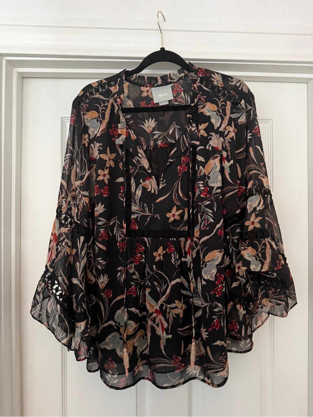 Anthropologie MEAVE Black Floral Sheer Peasant Blouse